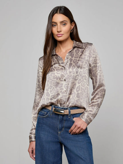 TYLER SILK BLOUSE IN GREY MULTI PATCH LEOPARD