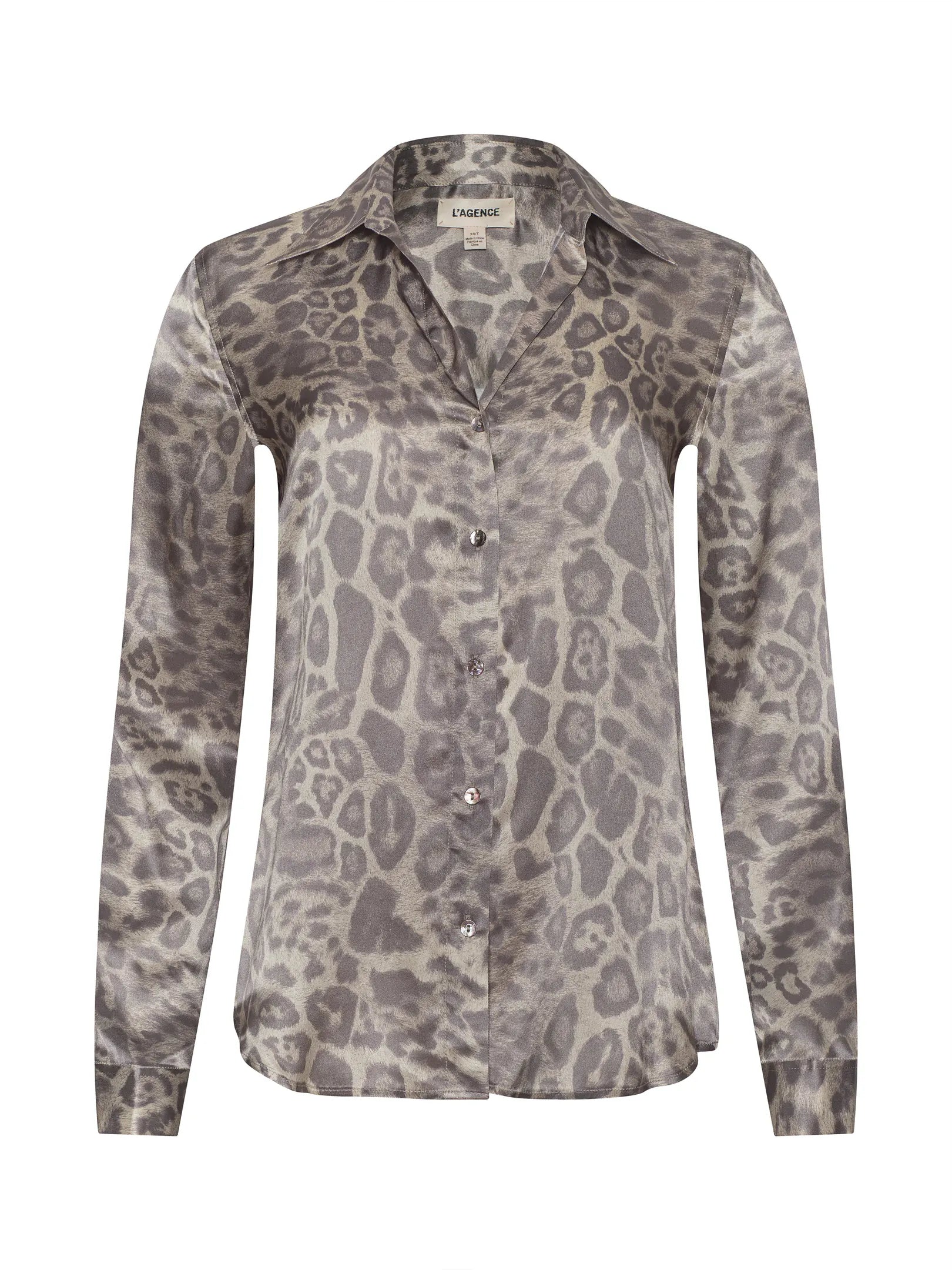 TYLER SILK BLOUSE IN GREY MULTI PATCH LEOPARD