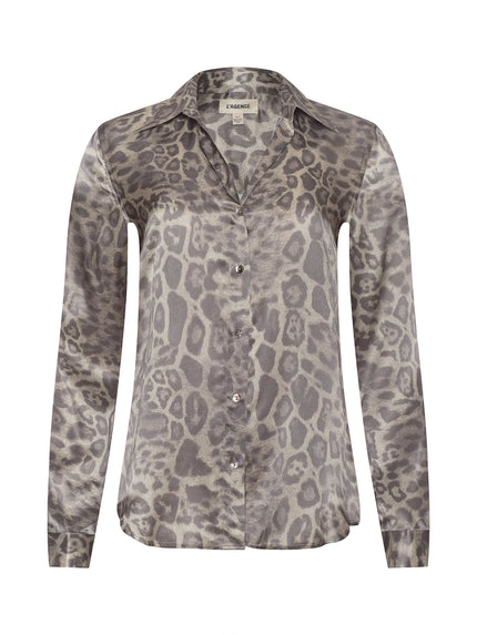 TYLER SILK BLOUSE IN GREY MULTI PATCH LEOPARD