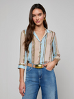 CAMILLE BLOUSE IN TAUPE AND LIGHT SAGE BELT STRIPE