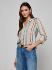 CAMILLE BLOUSE IN TAUPE AND LIGHT SAGE BELT STRIPE