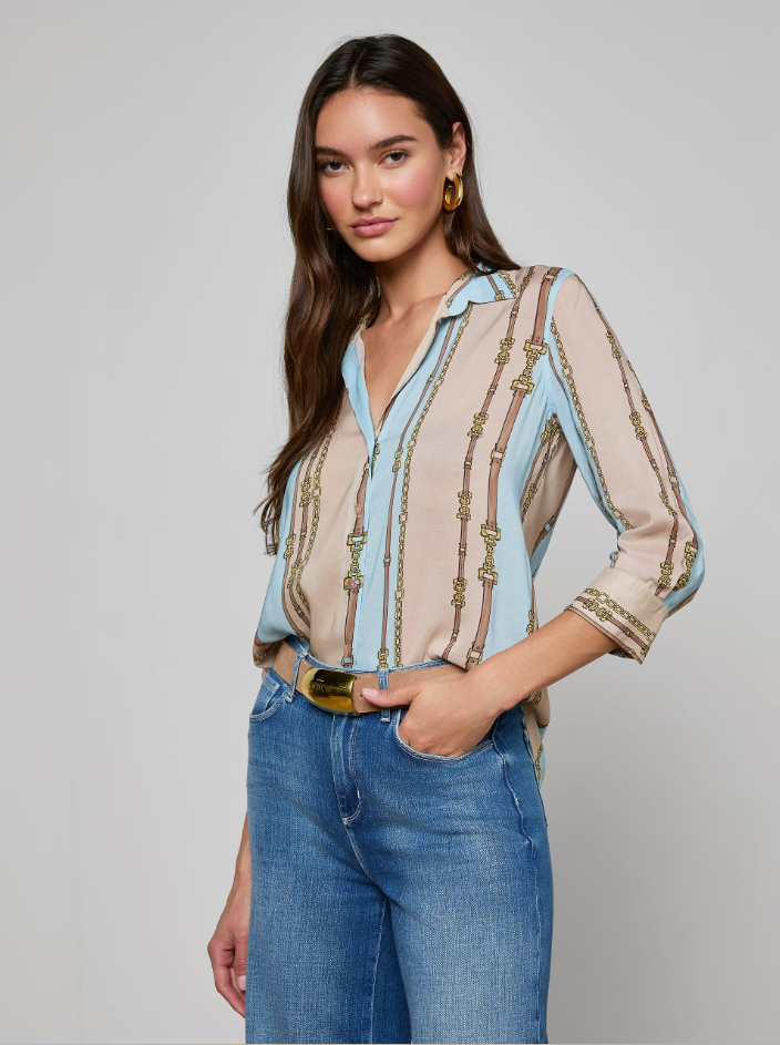CAMILLE BLOUSE IN TAUPE AND LIGHT SAGE BELT STRIPE