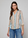 CAMILLE BLOUSE IN TAUPE AND LIGHT SAGE BELT STRIPE