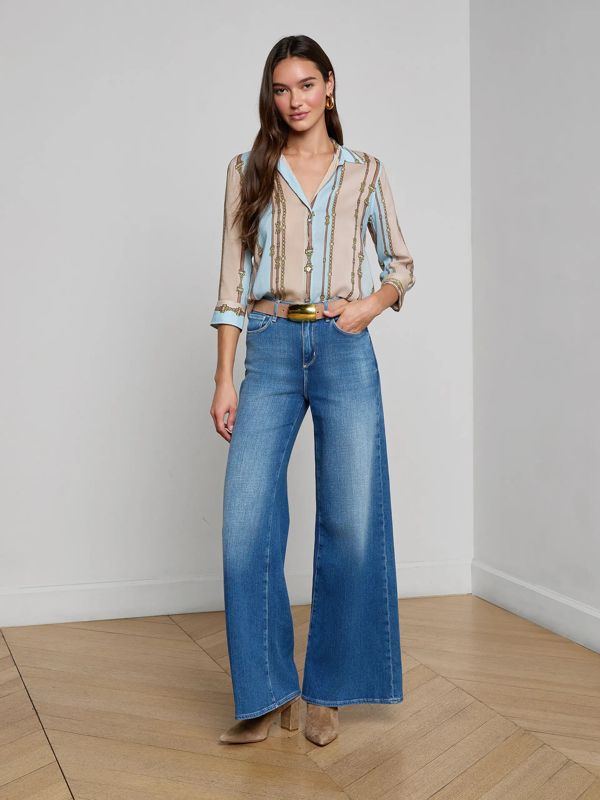 CAMILLE BLOUSE IN TAUPE AND LIGHT SAGE BELT STRIPE