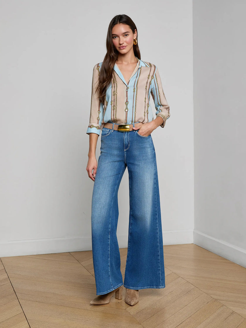 CAMILLE BLOUSE IN TAUPE AND LIGHT SAGE BELT STRIPE