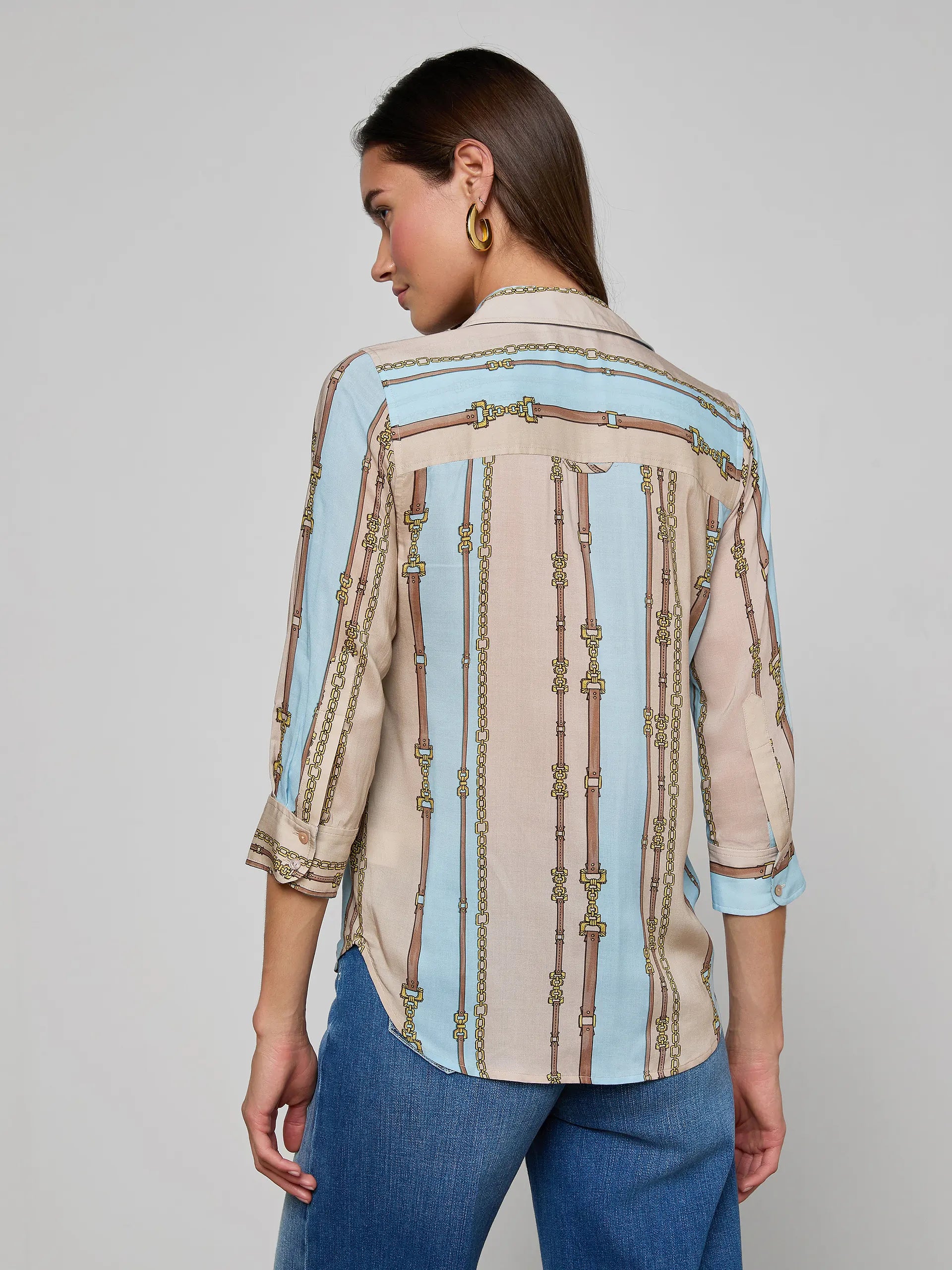 CAMILLE BLOUSE IN TAUPE AND LIGHT SAGE BELT STRIPE