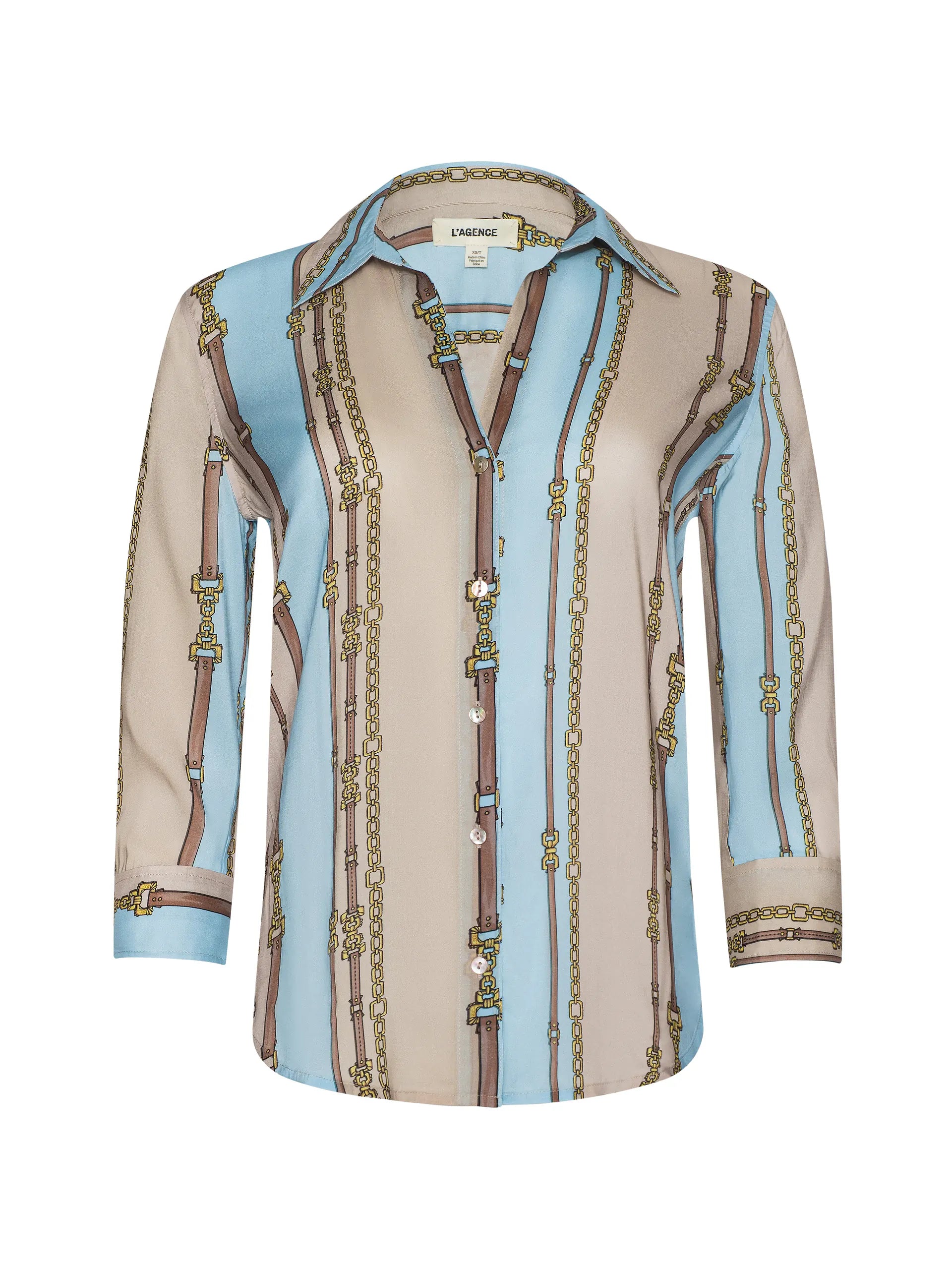 CAMILLE BLOUSE IN TAUPE AND LIGHT SAGE BELT STRIPE