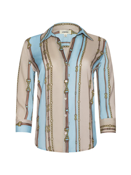 CAMILLE BLOUSE IN TAUPE AND LIGHT SAGE BELT STRIPE