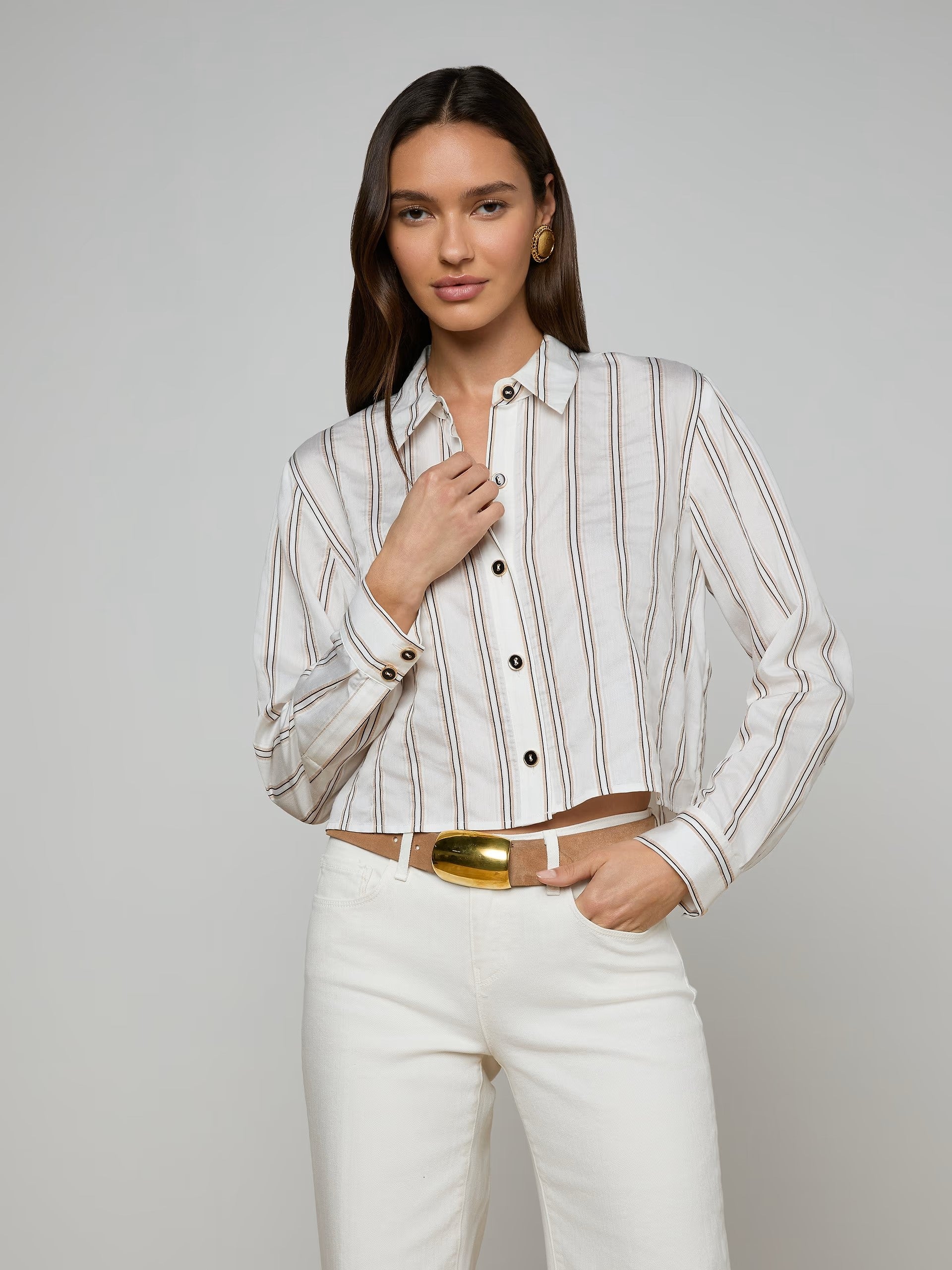 COSETTE SHIRT IN IVORY KHAKI BLACK STRIPE