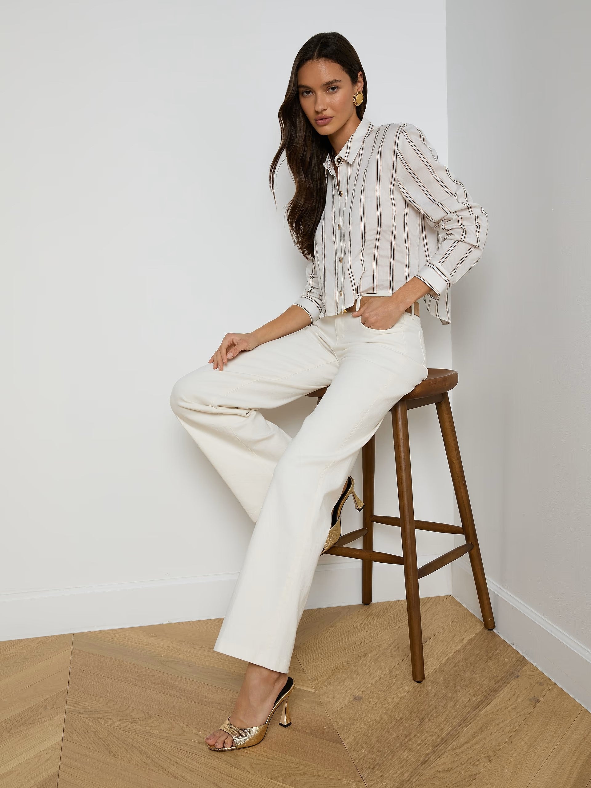 COSETTE SHIRT IN IVORY KHAKI BLACK STRIPE