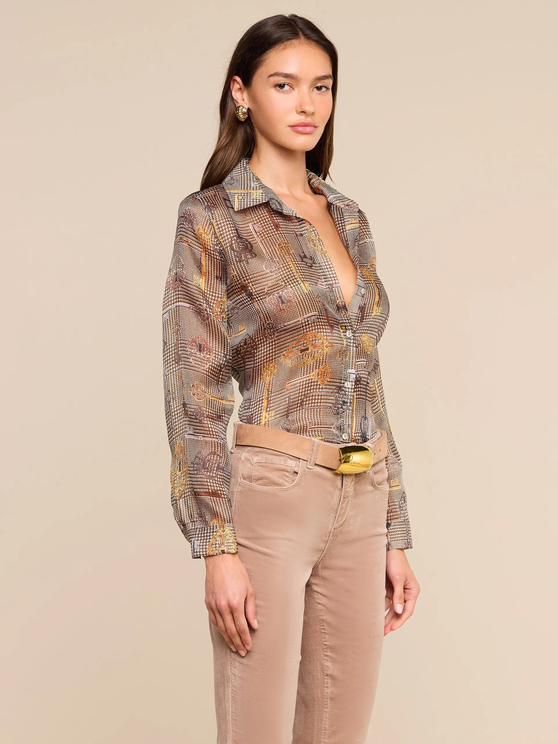 NINA SILK BLOUSE IN BROWN MULTI HOUNDSTOOTH KEY