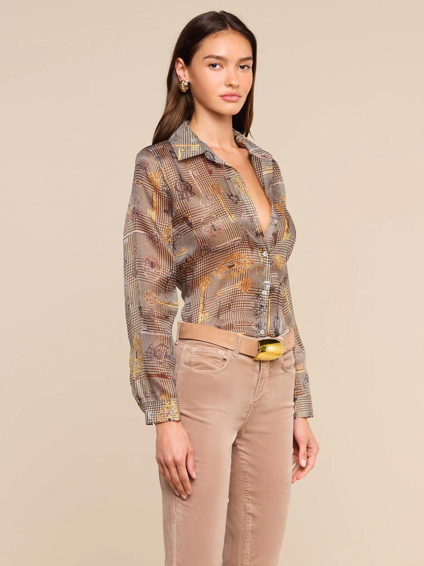 NINA SILK BLOUSE IN BROWN MULTI HOUNDSTOOTH KEY