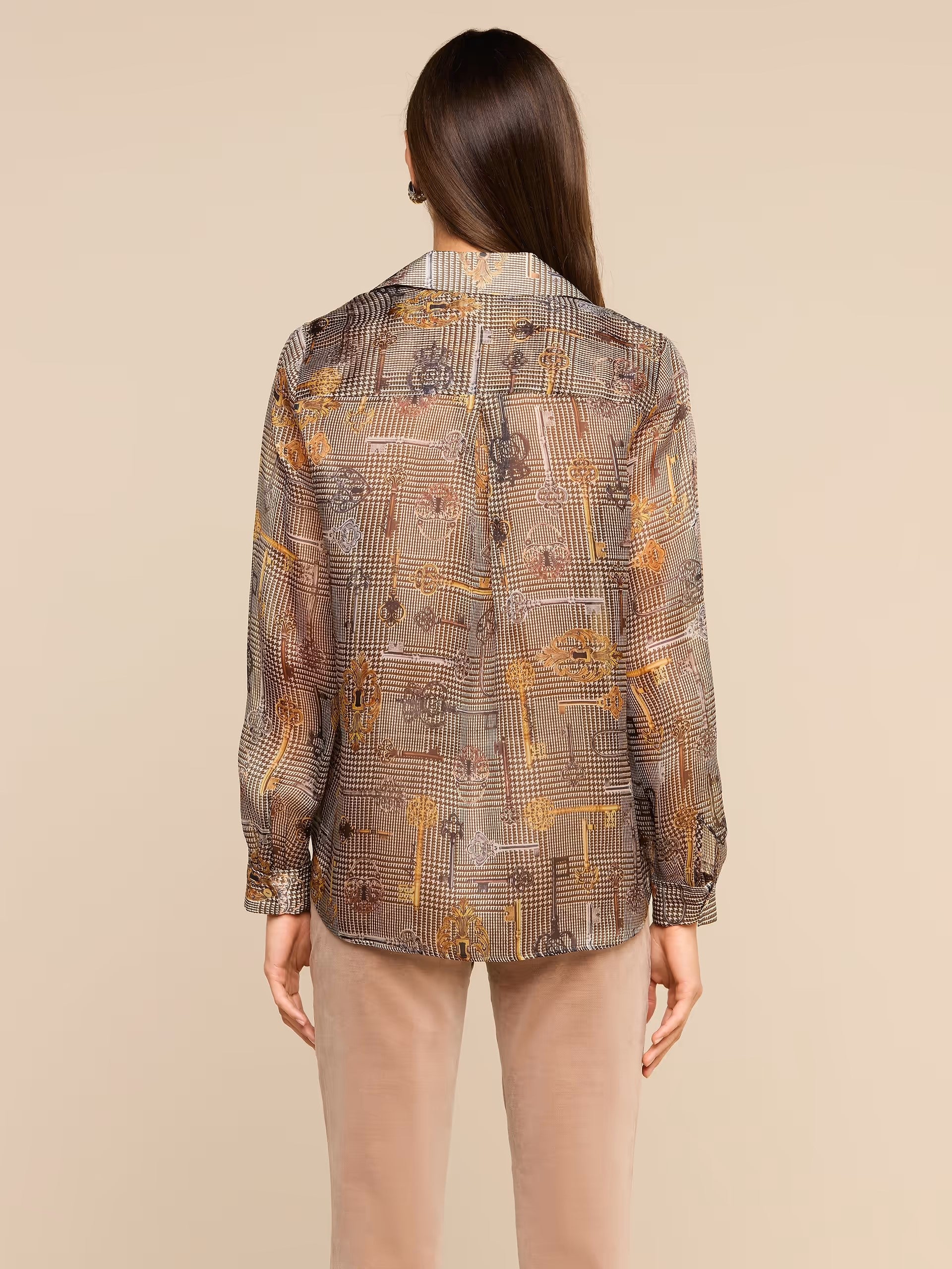 NINA SILK BLOUSE IN BROWN MULTI HOUNDSTOOTH KEY