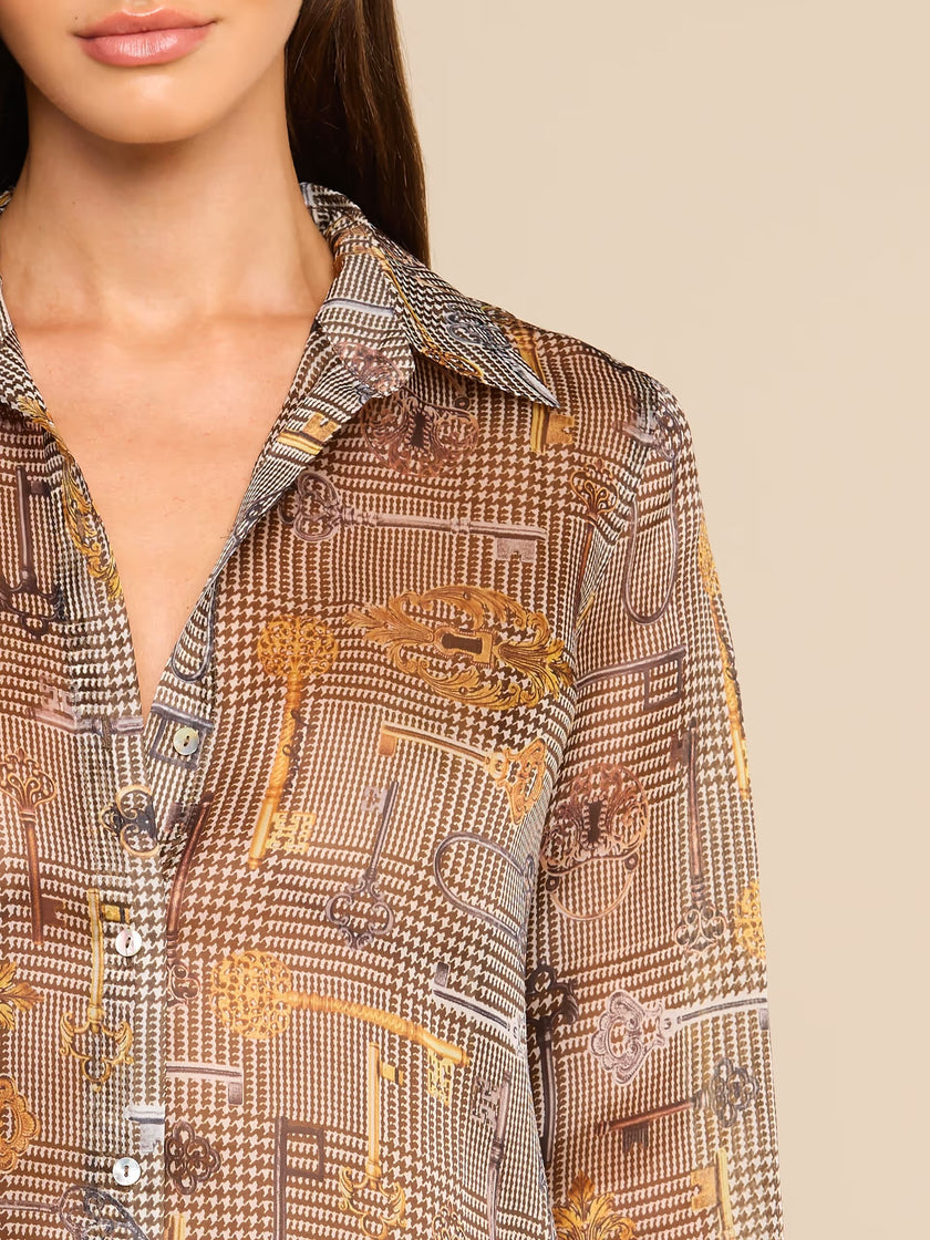 NINA SILK BLOUSE IN BROWN MULTI HOUNDSTOOTH KEY