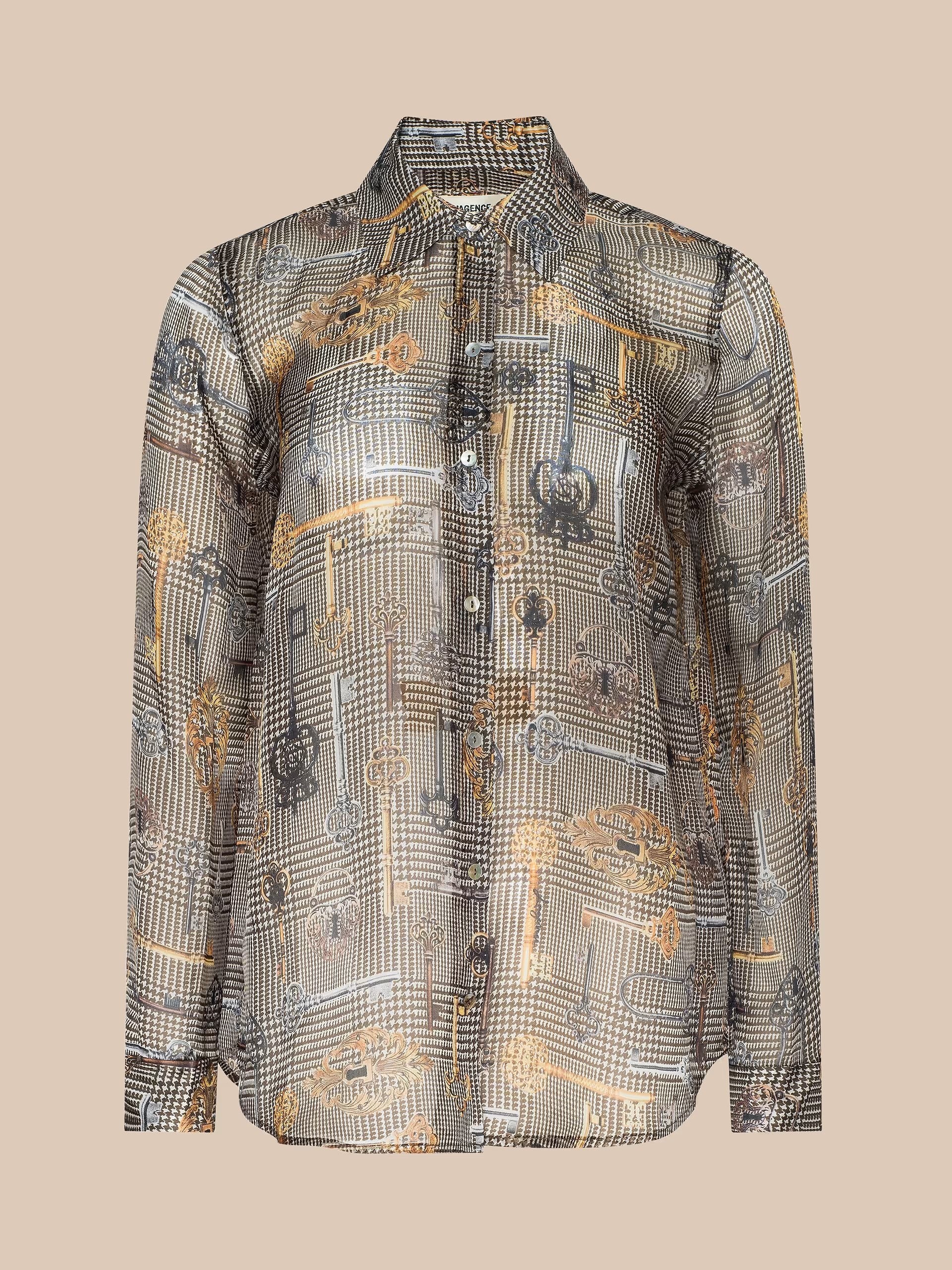 NINA SILK BLOUSE IN BROWN MULTI HOUNDSTOOTH KEY