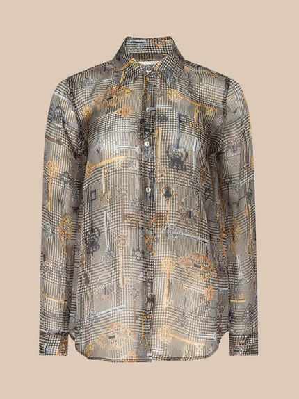 NINA SILK BLOUSE IN BROWN MULTI HOUNDSTOOTH KEY