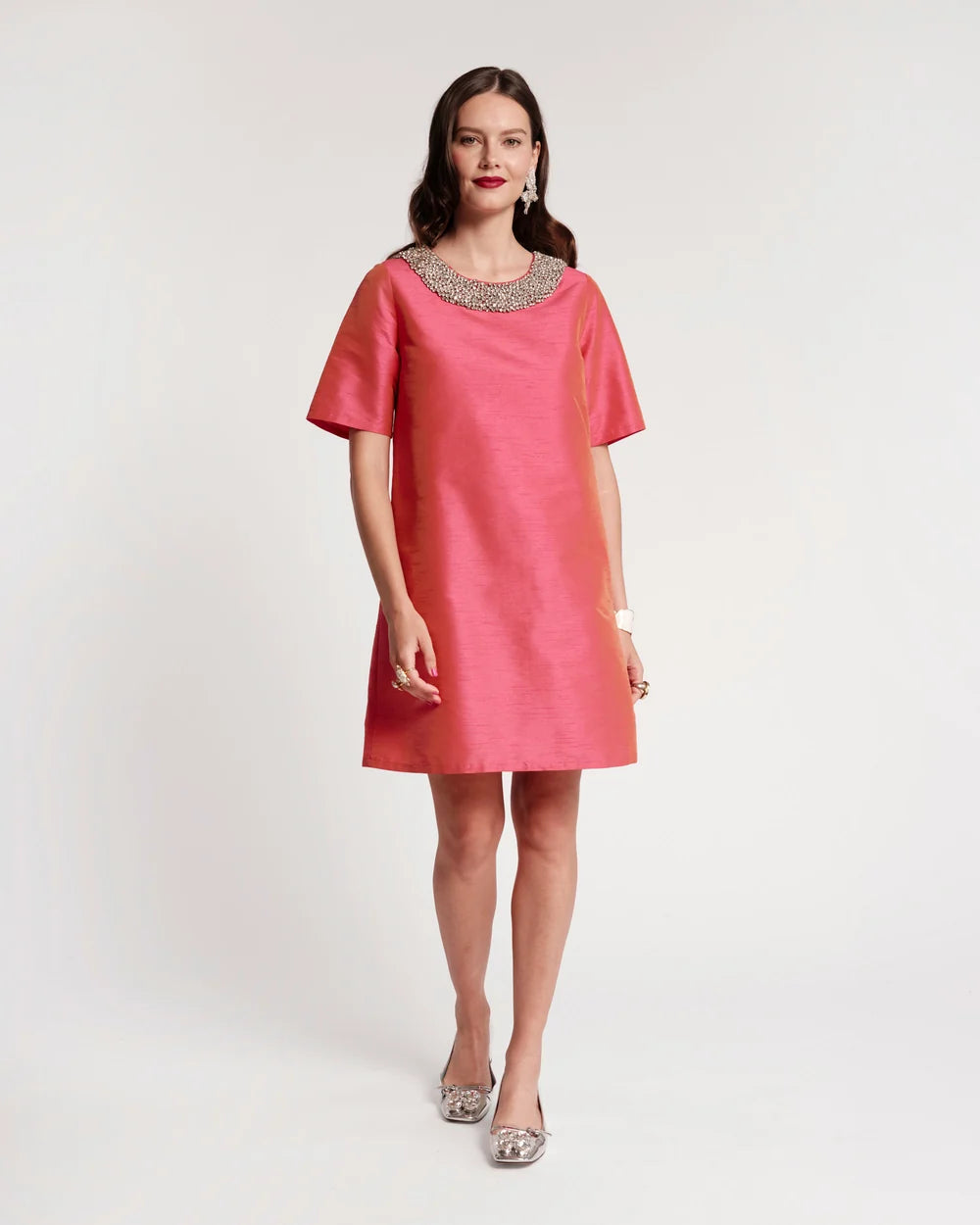 TABBY SHIFT DRESS IN CORAL DUPIONI