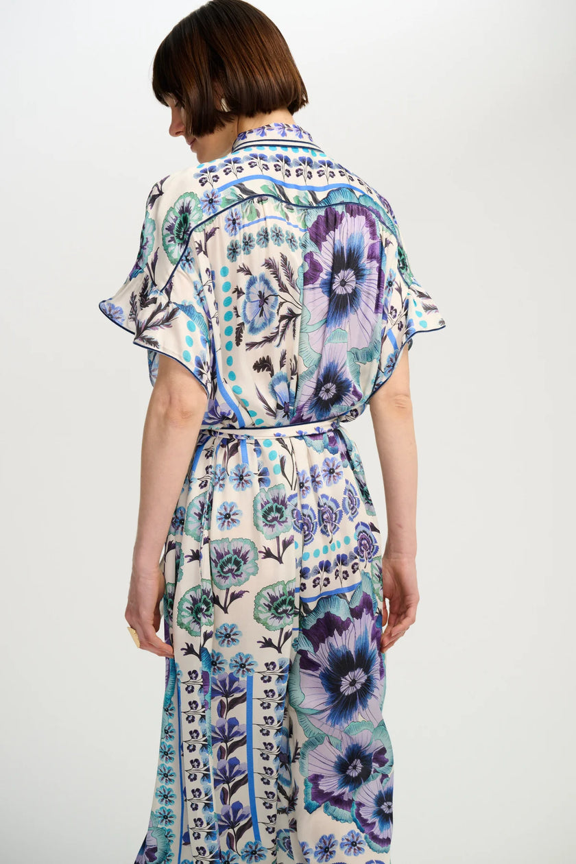 LYNN KAFTAN SHORT SLEEVE BLUE FLORAL PRINTED MIDI