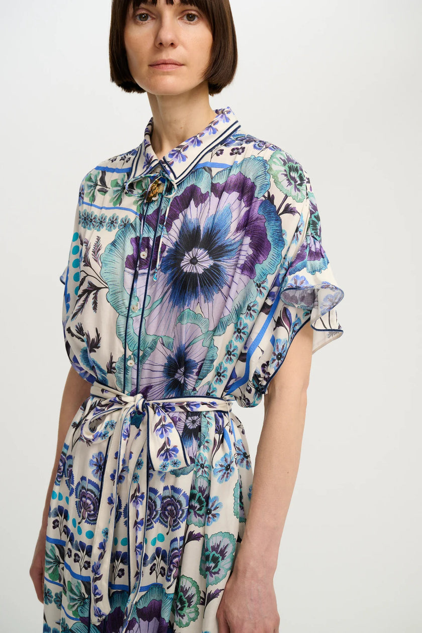 LYNN KAFTAN SHORT SLEEVE BLUE FLORAL PRINTED MIDI
