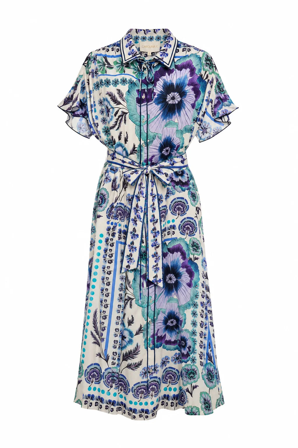 LYNN KAFTAN SHORT SLEEVE BLUE FLORAL PRINTED MIDI