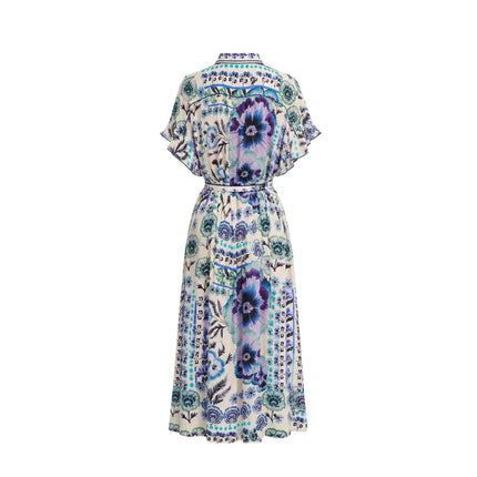 LYNN KAFTAN SHORT SLEEVE BLUE FLORAL PRINTED MIDI