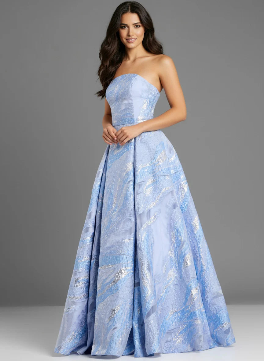STRAPLESS METALLIC BROCADE BALL GOWN