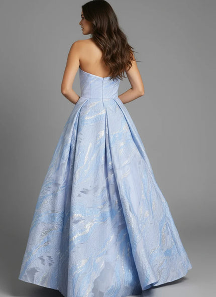 STRAPLESS METALLIC BROCADE BALL GOWN