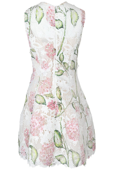 SLEEVELESS PORCELAIN FLOWER GUIPURE LACE MINI DRESS