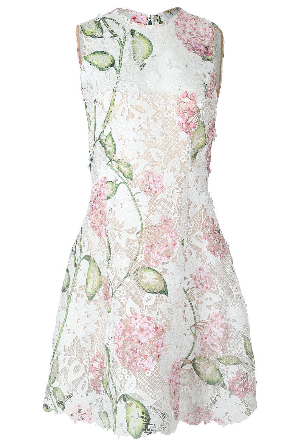 SLEEVELESS PORCELAIN FLOWER GUIPURE LACE MINI DRESS