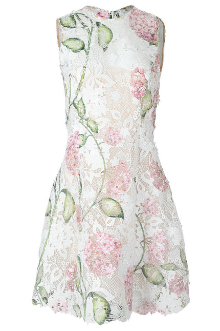 SLEEVELESS PORCELAIN FLOWER GUIPURE LACE MINI DRESS