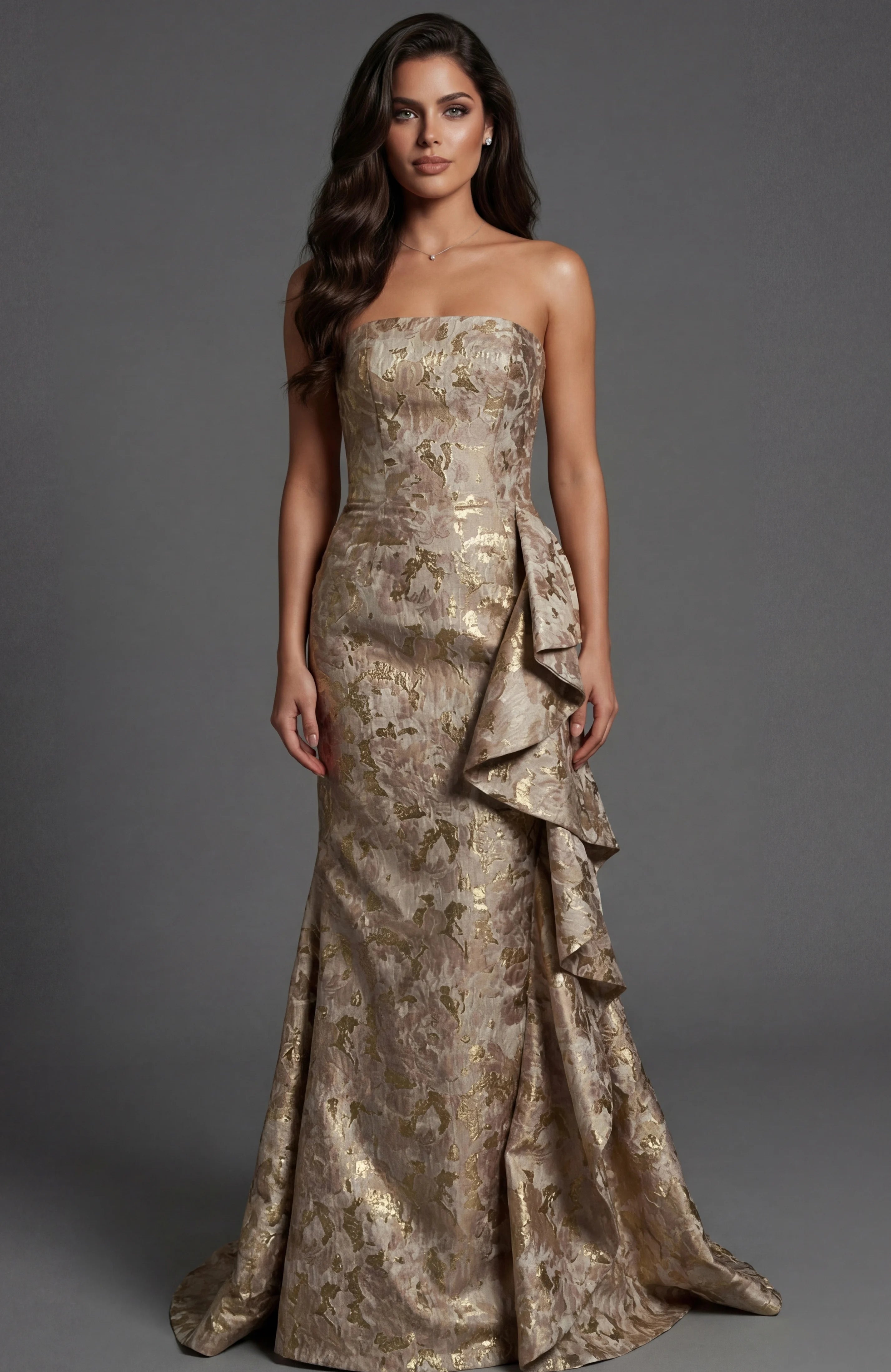 BROCADE GOWN WITH DRAPED SIDE DETAIL