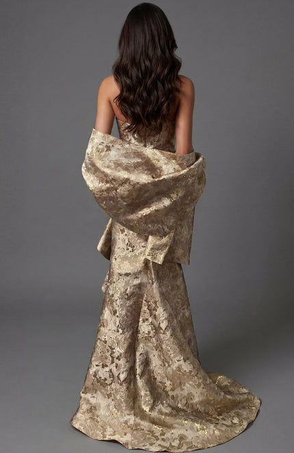 BROCADE GOWN WITH DRAPED SIDE DETAIL