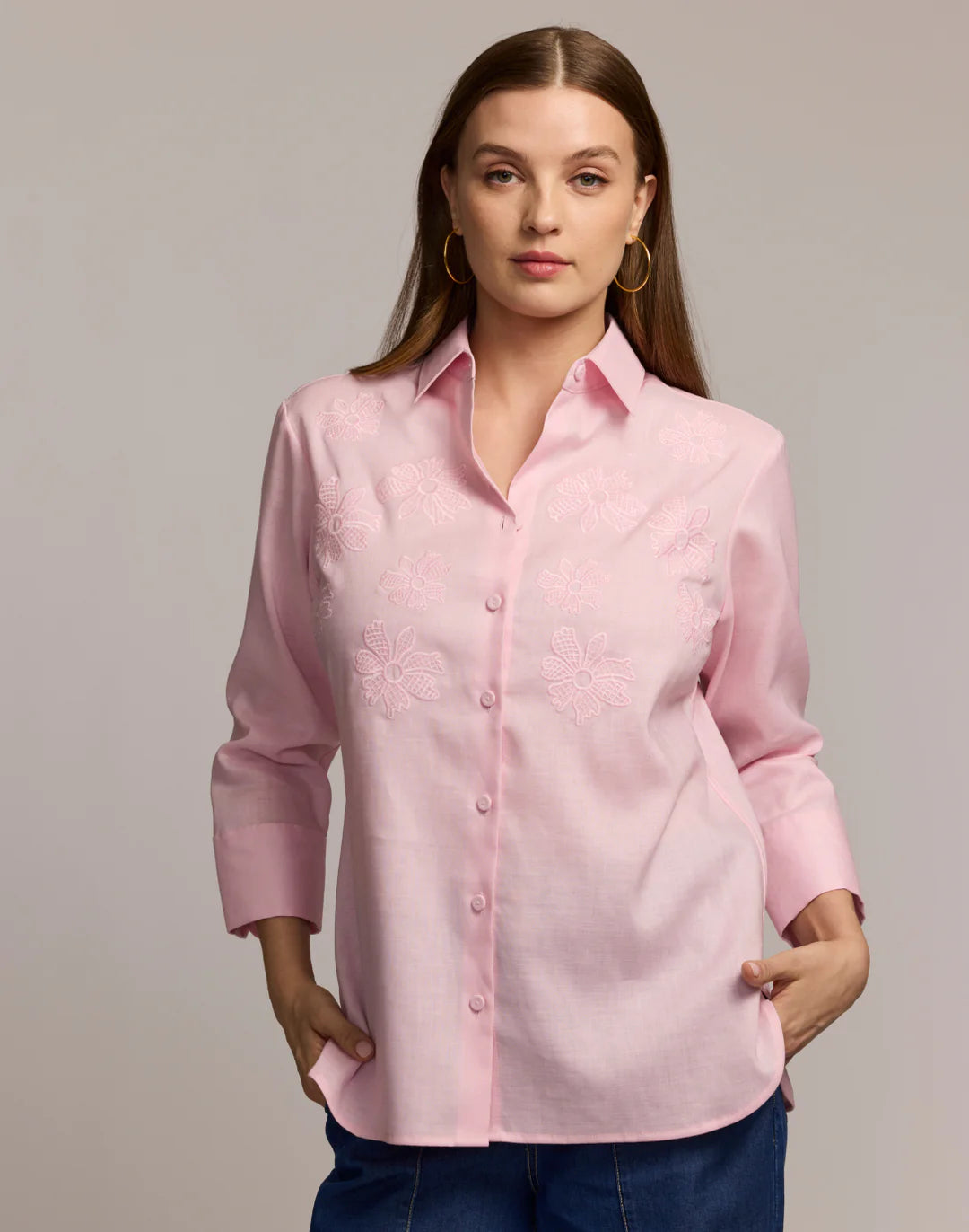 MARGOT THREE QUARTER SLEEVE EMBROIDERED LINEN SHIRT