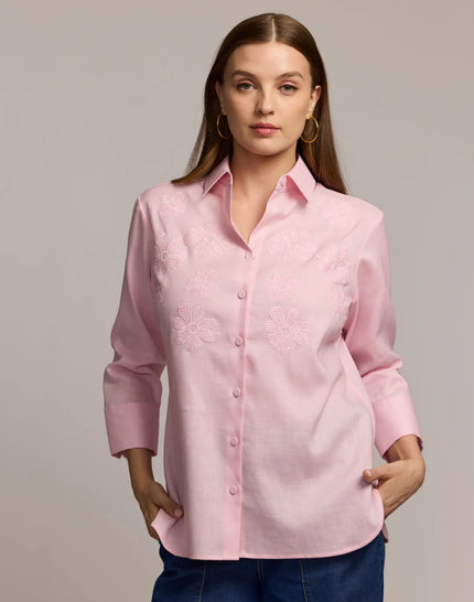 MARGOT THREE QUARTER SLEEVE EMBROIDERED LINEN SHIRT