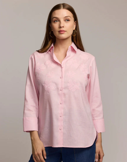 MARGOT THREE QUARTER SLEEVE EMBROIDERED LINEN SHIRT