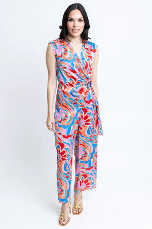 ABSTRACT SATIN WRAP JUMPSUIT