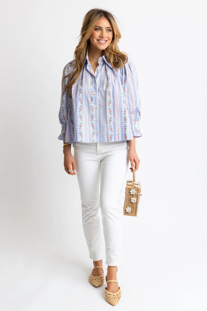 FLORAL FRENCH VINE BUTTON UP RUFFLE SLEEVE TOP