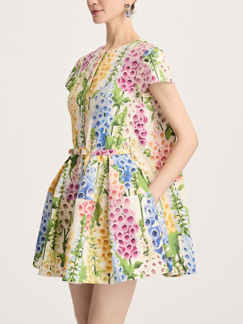 CAP SLEEVE MULTI FOXGLOVES POPLIN DRESS