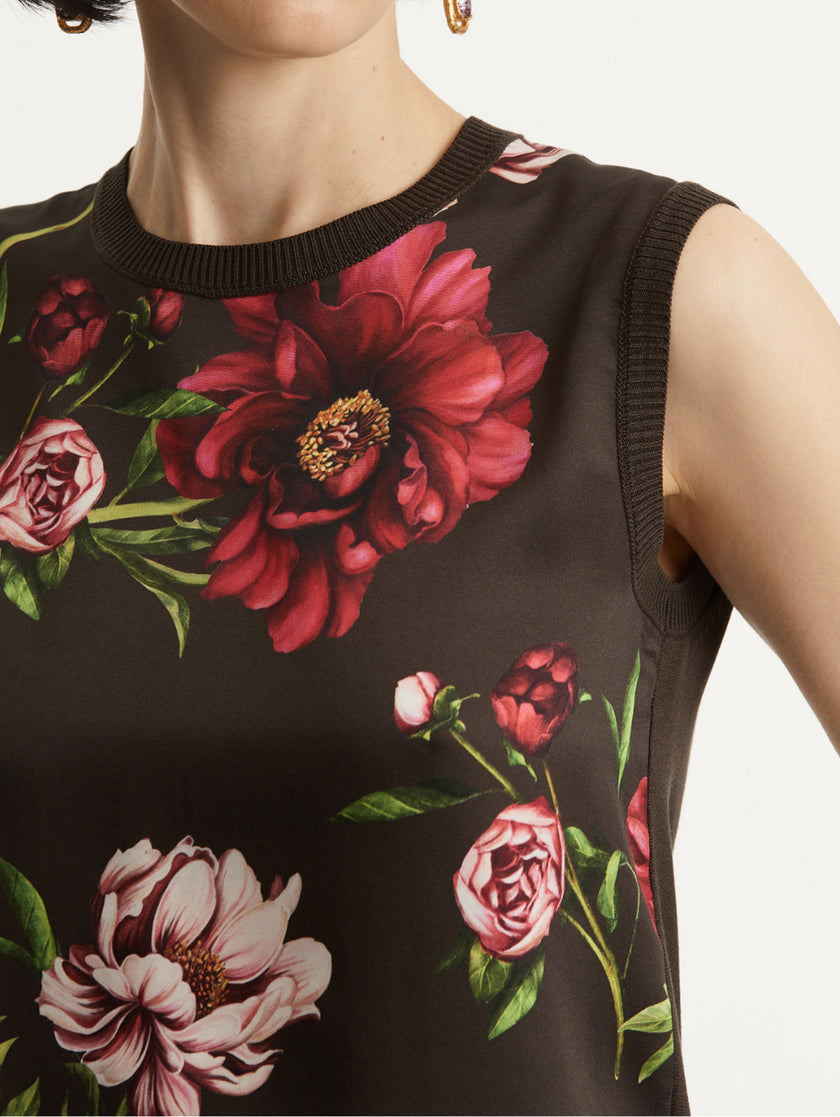 PEONY PRINT SILK TWILL INSET TANK