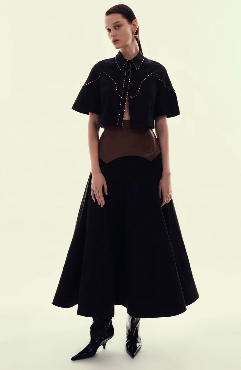 COTTON POPLIN FULL SKIRT WITH LEATHER WAISTBAND