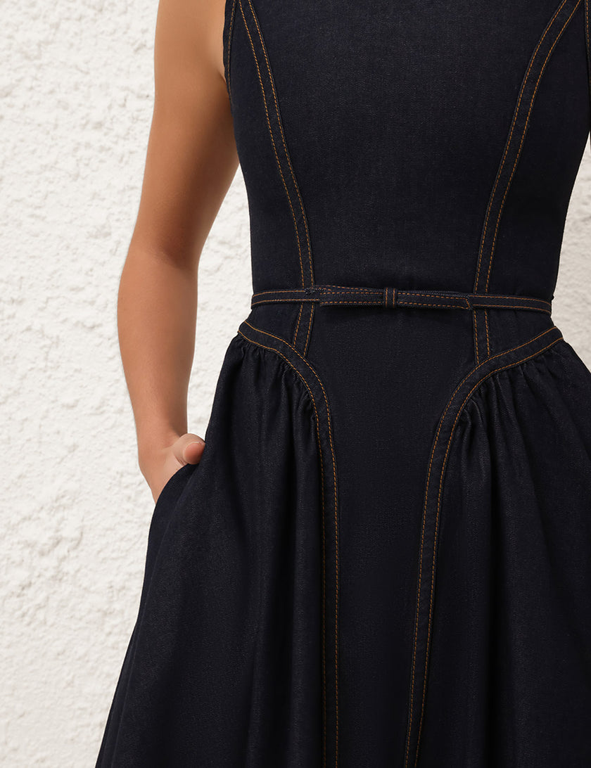DENIM PANELLED MIDI DRESS