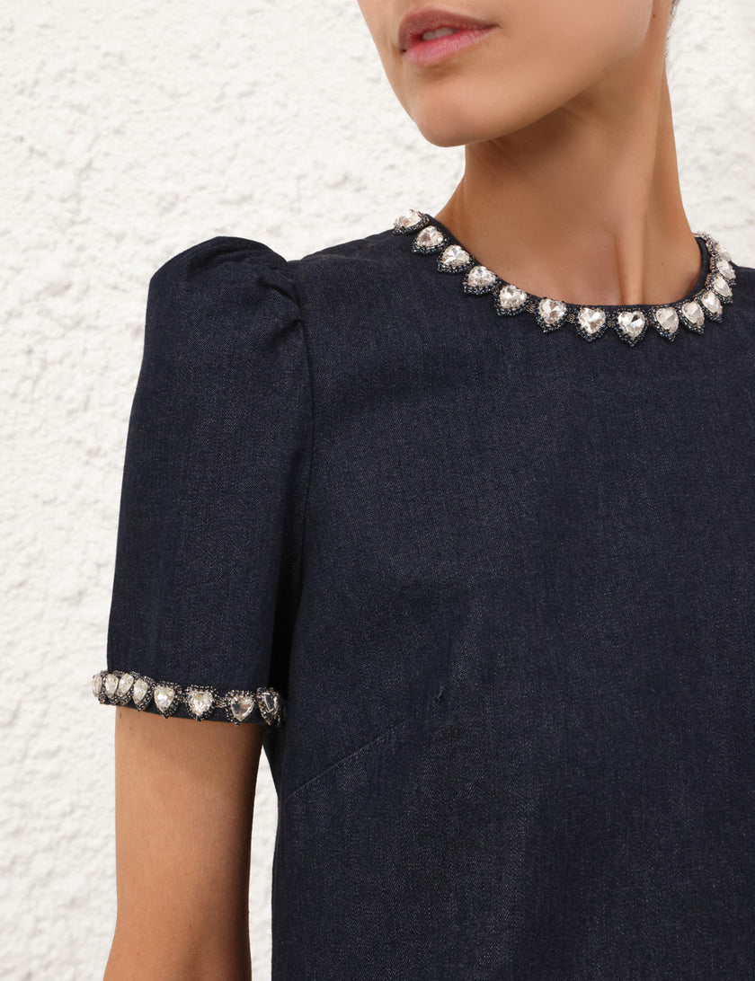 EMBELLISHED DENIM DRESS