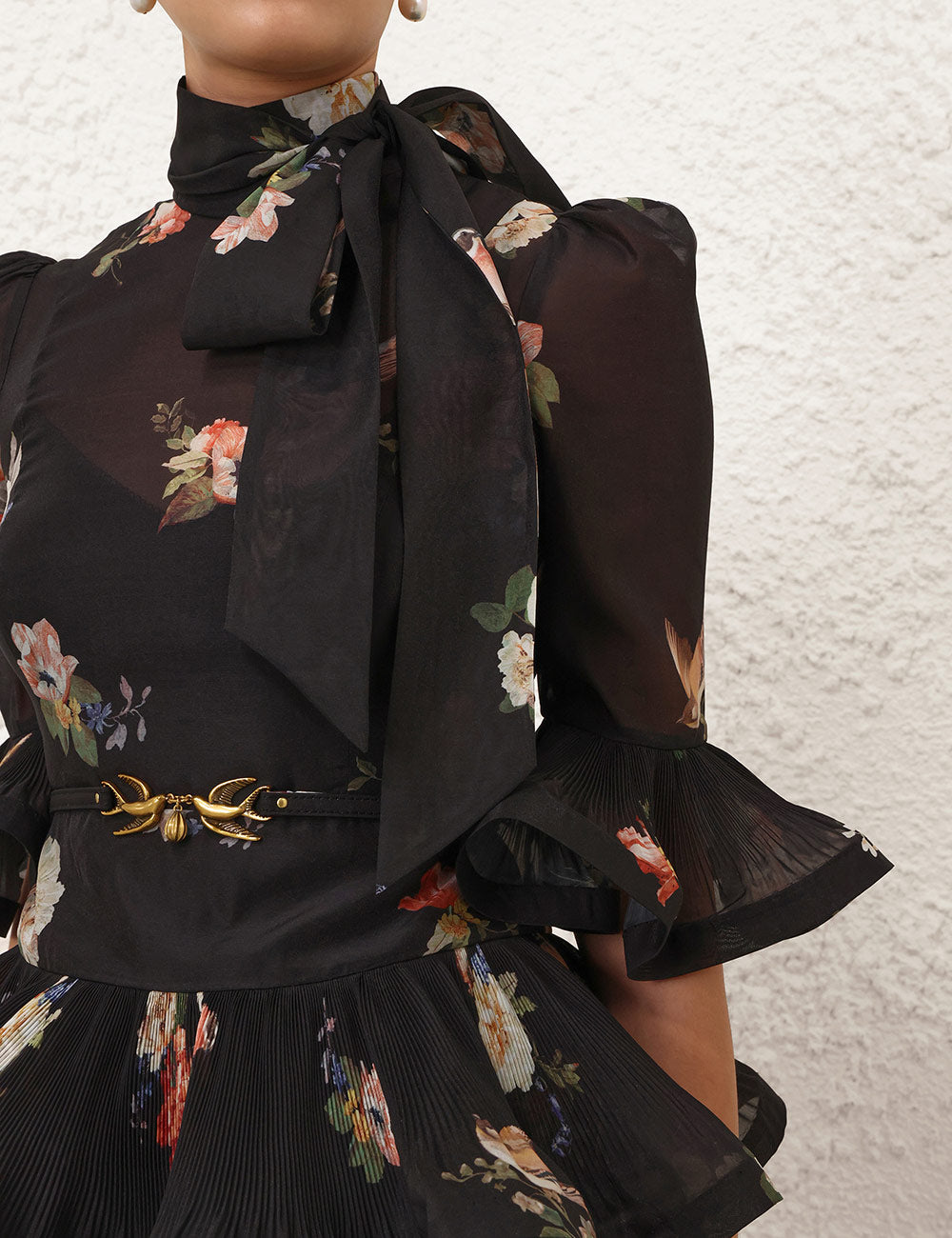 PLEATED SLEEVED MIDI DRESS IN BLACK BIRD PRINT