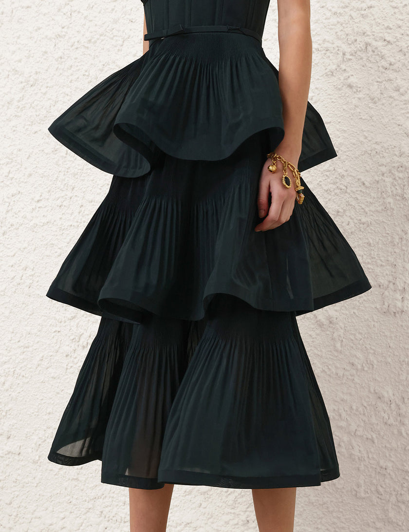 PLEATED TIERED MIDI DRESS IN BOTTLE GREEN