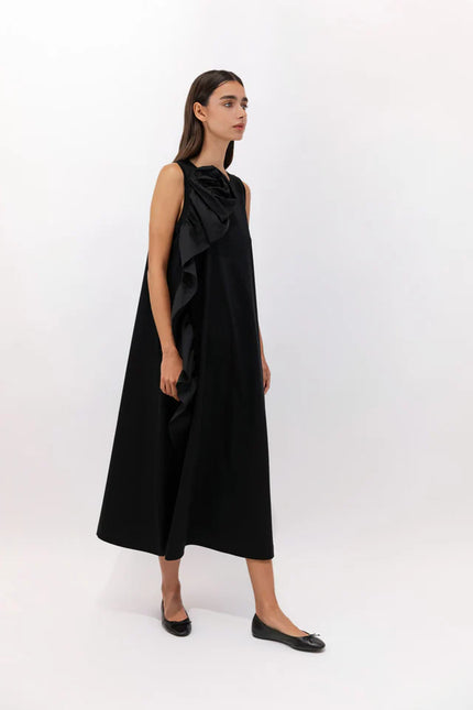 SCULPTURAL ROSETTE MERCERIZED COTTON MIDI DRESS