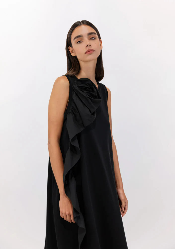 SCULPTURAL ROSETTE MERCERIZED COTTON MIDI DRESS