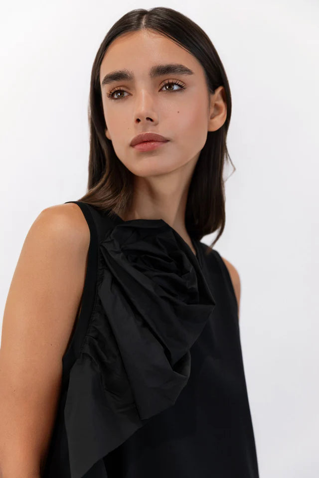 SCULPTURAL ROSETTE MERCERIZED COTTON MIDI DRESS