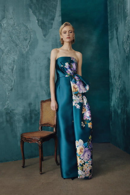 STRAPLESS GOWN IN GARLAND BLOOM MIKAGA FLORAL