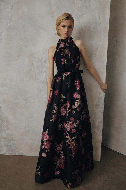 HALTER RUFFLE NECK BALL GOWN IN GARDEN METALLIC ORGANZA