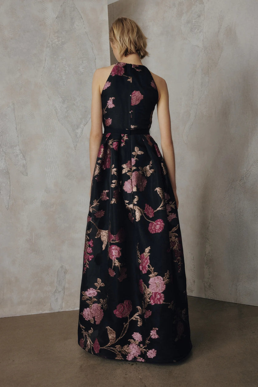 HALTER RUFFLE NECK BALL GOWN IN GARDEN METALLIC ORGANZA